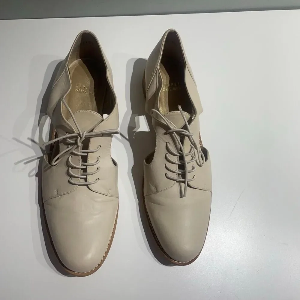 Stuart Weitzman Ivory Leather Manoman Oxford. lace Up Heeled Shoes Loafers
